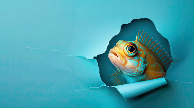 cute dinichthys peeking through a hole in a blue paper wall