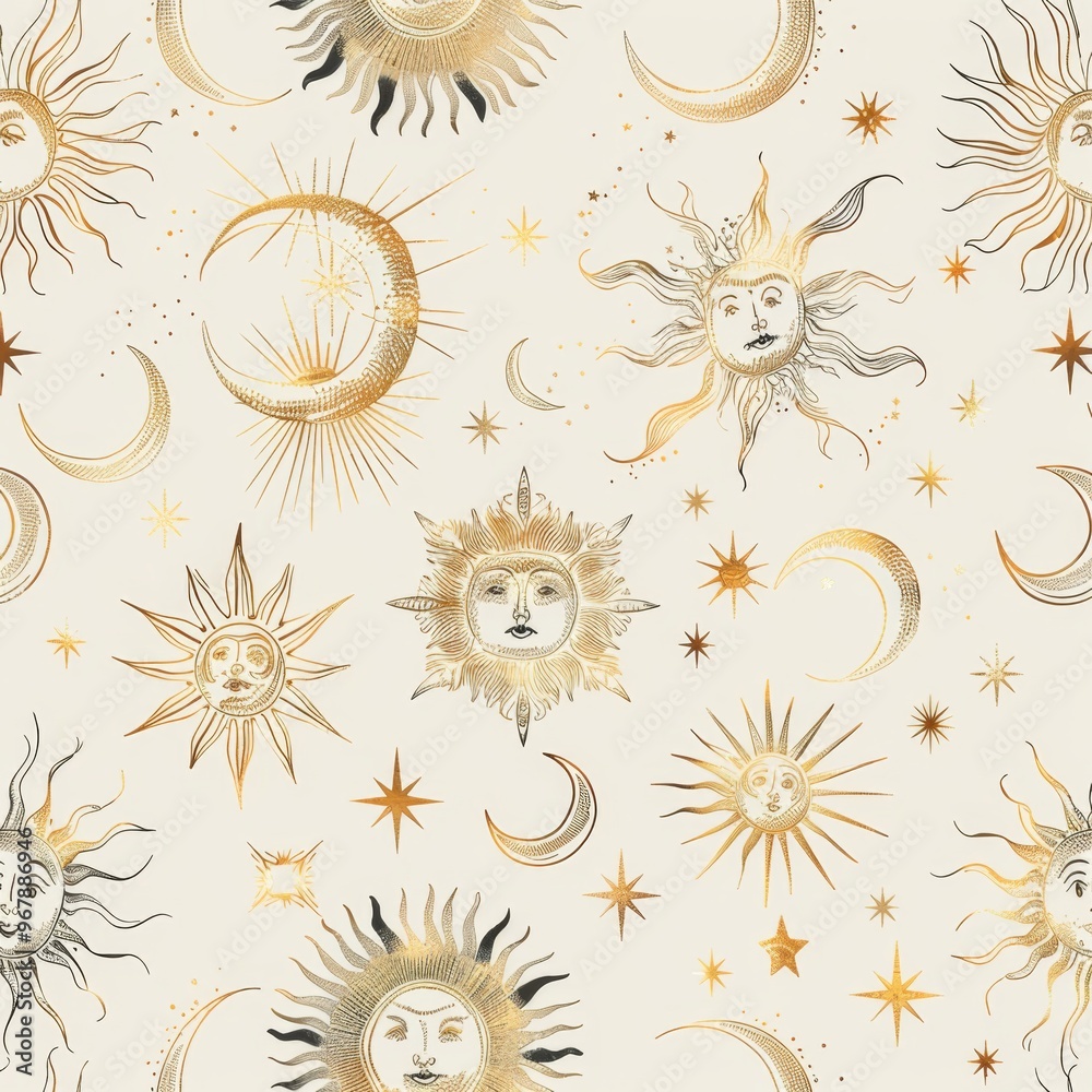 Wall mural retro celestial design with suns, moons, and stars in gold against a cream background, creating a vi