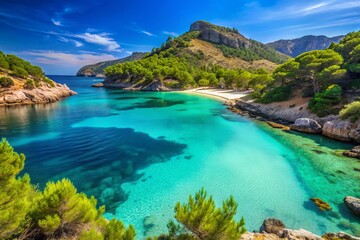 Vibrant turquoise waters lap against the golden sandy shores of a serene and idyllic Majorcan beach, surrounded by