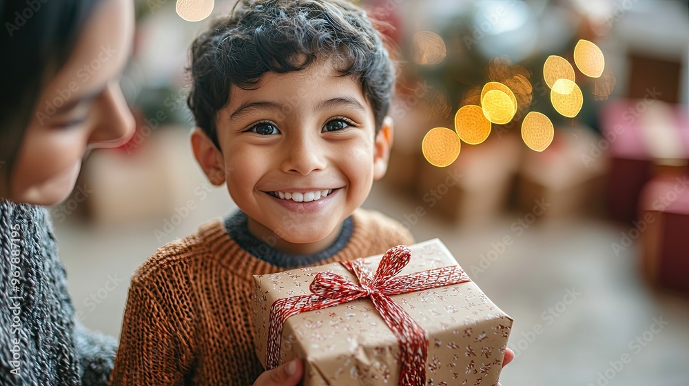 Wall mural A smiling child receiving a gift from a charity organization, with a warm and caring atmosphere in the background.