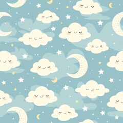 Fototapeta premium Seamless whimsical night sky pattern in pastel colors featuring sleeping clouds, crescent moons, and stars on a light blue background, creating a cute and dreamy design.