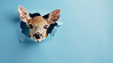Obraz premium cute deer peeking through a hole in a blue paper wall