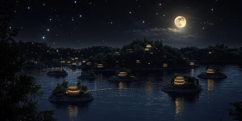 Fototapeta premium Enchanting Mooncake Shaped Islands Connected by Star Bridges in the Night Sky