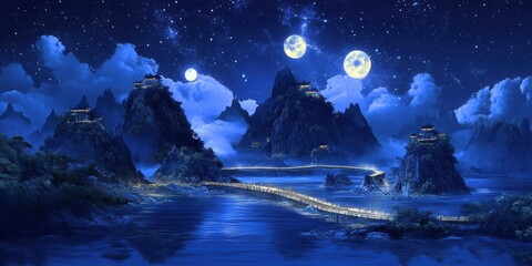 Fototapeta premium Enchanting Mooncake Shaped Islands Linked by Star Bridges in the Celestial Night Sky