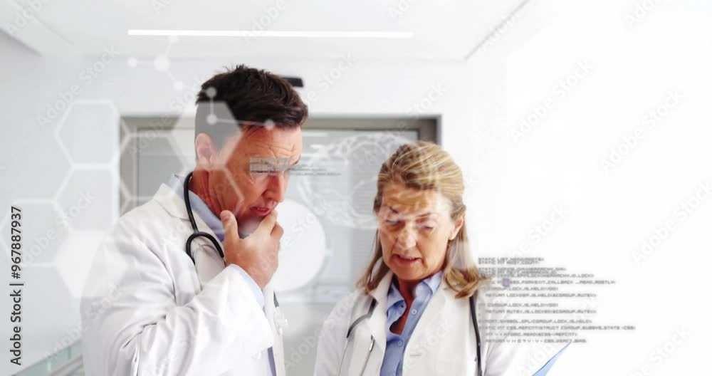 Poster animation of data processing with brains and molecules over diverse doctors reading documents