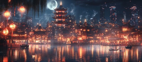 Fototapeta premium Mooncake Crane: Storks Delivering Delights in the Nighttime City