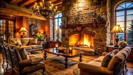 warm golden light illuminates a crackling fire, rustic logs, and ornate ironwork surrounding a stone hearth, surrounded