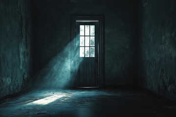 A dark room illuminated only by light from door, creating mysterious atmosphere. shadows and textures enhance eerie feeling of space