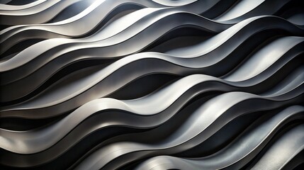 Dynamic metallic waves flowing seamlessly in a rhythmic pattern representing modern design and futuristic art captured in brushed steel texture with elegant curved forms