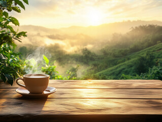 .A steaming cup of coffee sits on a wooden table, overlooking a serene, misty landscape of lush green hills at sunrise.