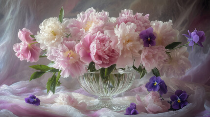 A delicate arrangement of pink and white peonies with purple pansies in a crystal bowl, set against soft, flowing fabric.