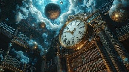 A surreal composition featuring an antique clock floating amidst books, rounded by thin sine waves, swirling clouds of time, and celestial spheres. 