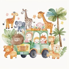 Watercolor illustration of a vibrant jungle scene with various animals and a jeep under lush palm trees