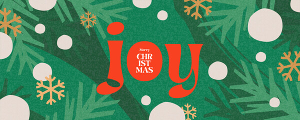 Merry Christmas and Happy New Year greeting card or web banner. Modern beautiful Xmas design with typography, Christmas tree branches, balls, snowflake pattern. Minimal art poster, cover template