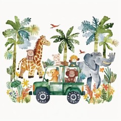 Watercolor illustration of a vibrant jungle scene with various animals and a jeep under lush palm trees