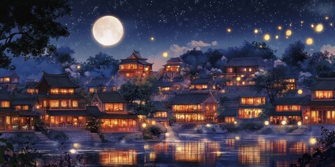 Enchanting Mooncake-Shaped Houses Illuminating Festive Village Night - Dreamy Twilight Scene with Magical Glow