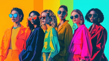 Fototapeta premium Vibrant Group of Fashionable Friends Posing with Stylish Sunglasses on Colorful Background