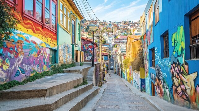 Colorful street in Valpara&iacute;so with vibrant murals and steep steps.