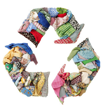recycling symbol made from colorful patchwork fabrics, promoting sustainability and eco-friendly fashion. Highlighting reuse, up cycling, and circular fashion, PNG