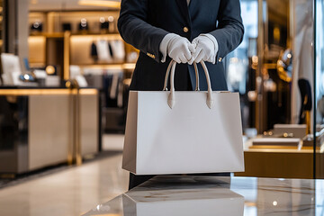 a personal shopper carefully selecting luxury items in a high-end boutique, with a shopping bag in hand