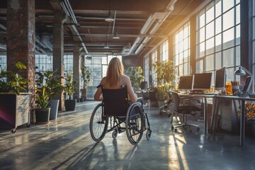 a disabled person works in an office. Portrait of a young woman in wheelchair using laptop at home office, person with chronic health condition, woman with disability, people with paraplegia