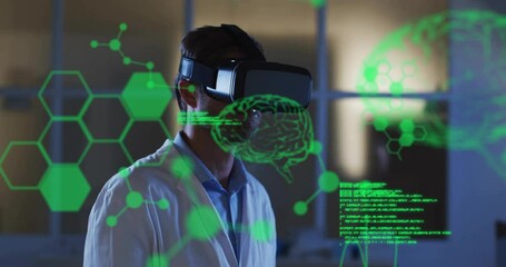 Animation of data processing with brains and molecules over caucasian male doctor using vr headset - Powered by Adobe