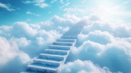 A serene staircase leads into the bright blue sky, surrounded by fluffy clouds, symbolizing a journey to tranquility.