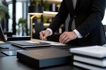 a personal assistant organizing a stylish workspace, arranging files and digital devices with precision