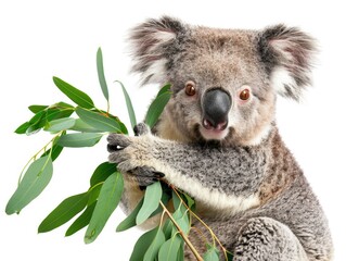 Obraz premium A koala is holding a green leaf in its mouth
