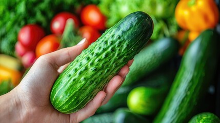 A vibrant green cucumber being held in hand, with a blurred background of fresh vegetables.