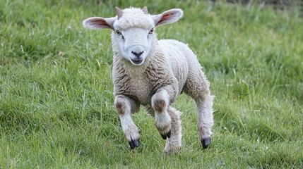 Fototapeta premium A playful lamb running through a field.