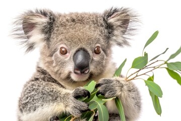 Naklejka premium A baby koala is holding a leaf in its mouth