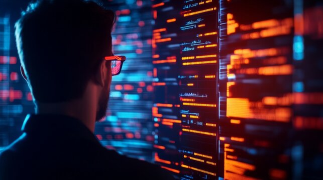 A programmer analyzing computer code on multiple screens, focusing on cyber technology and software development.