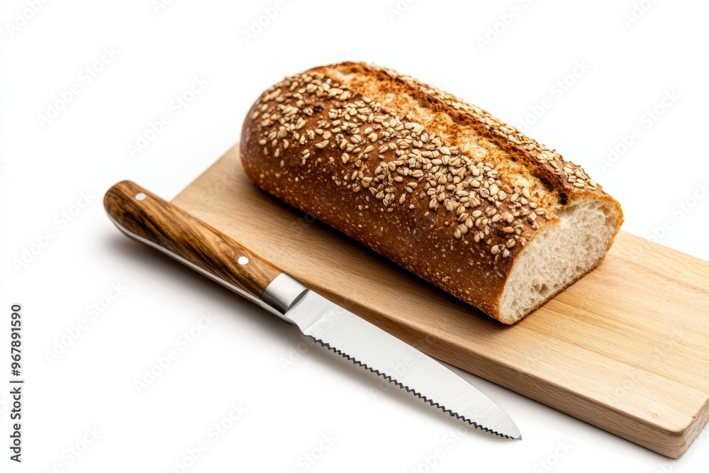 Wall mural Freshly baked sesame bread on a wooden board with a serrated knife, perfect for culinary and baking photography.