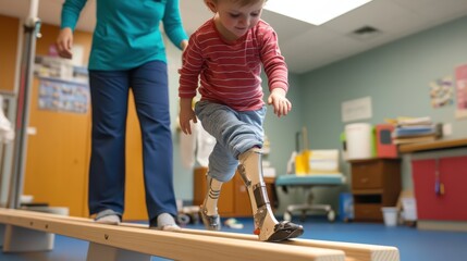 Determined young child with prosthetic leg walking on balance beams supported by pediatrician in therapy session
