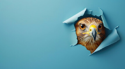 Obraz premium cute hawk peeking through a hole in a blue paper wall