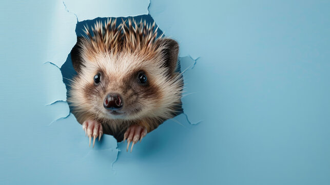 cute hedgehog peeking through a hole in a blue paper wall