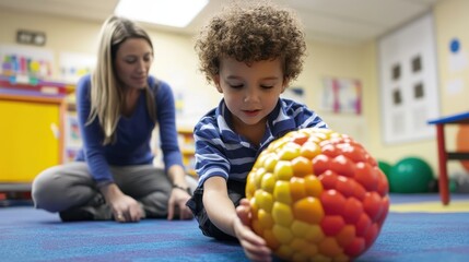 Obraz premium Supporting Children with Special Needs: Therapist Guiding Playful Therapy Ball Exercises for Improved Motor Skills