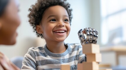 Determined Child with Prosthetic Hand Smiling while Stacking Wooden Blocks in Therapy Session with Counselor