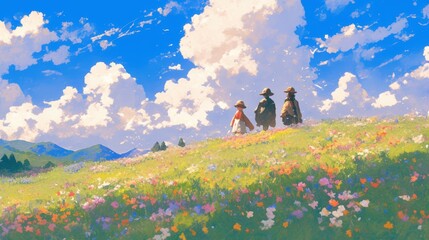 Family picnic in a vibrant flower-filled meadow