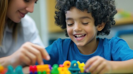 Empowering Inclusive Play: Young child with physical disabilities exploring tactile toys with counselor's support