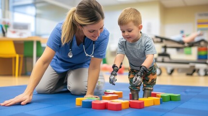 Compassionate Pediatrician Assisting Child with Prosthetic Arm in Toy Obstacle Course Adventure on Playmat