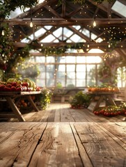A large room with a wooden floor and a table with a variety of fruits