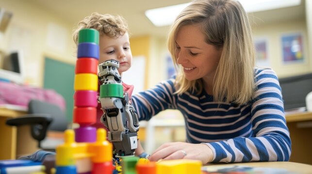 Building Confidence: Child with Prosthetic Arm Constructs Toy Tower with Supportive Counselor Nearby