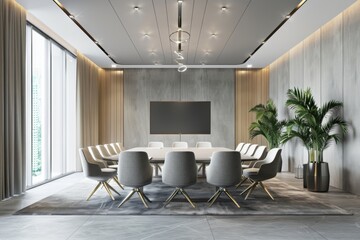 Fototapeta premium Conference light grey meeting room design with tv