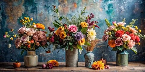 playful floral arrangements set against muted backgrounds with textured brushstrokes and striking contrast for a lively atmosphere