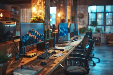 Modern office workstations with chairs and desks and monitors