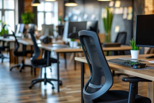 Modern office workstations with chairs and desks and monitors