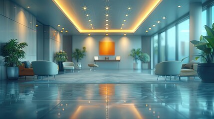 3d rendering interior of modern office with large windows, panoramic view. zoom office background