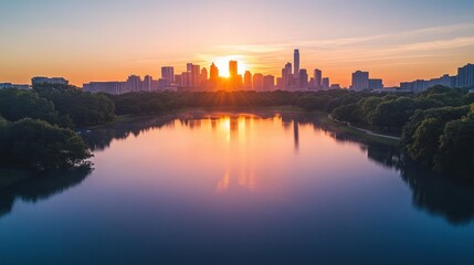 Naklejka premium A serene sunset over a city skyline reflected in a tranquil lake.